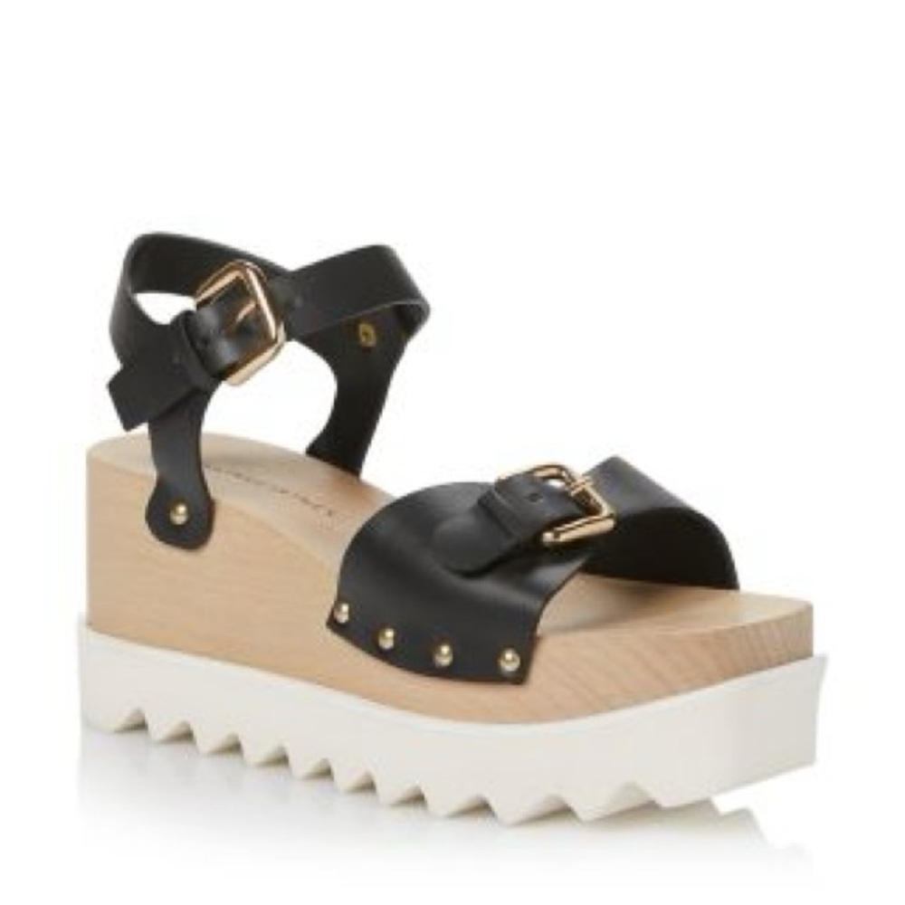 Stella McCartney Black White Elyse Wedge Wood Platform Buckle Sandals